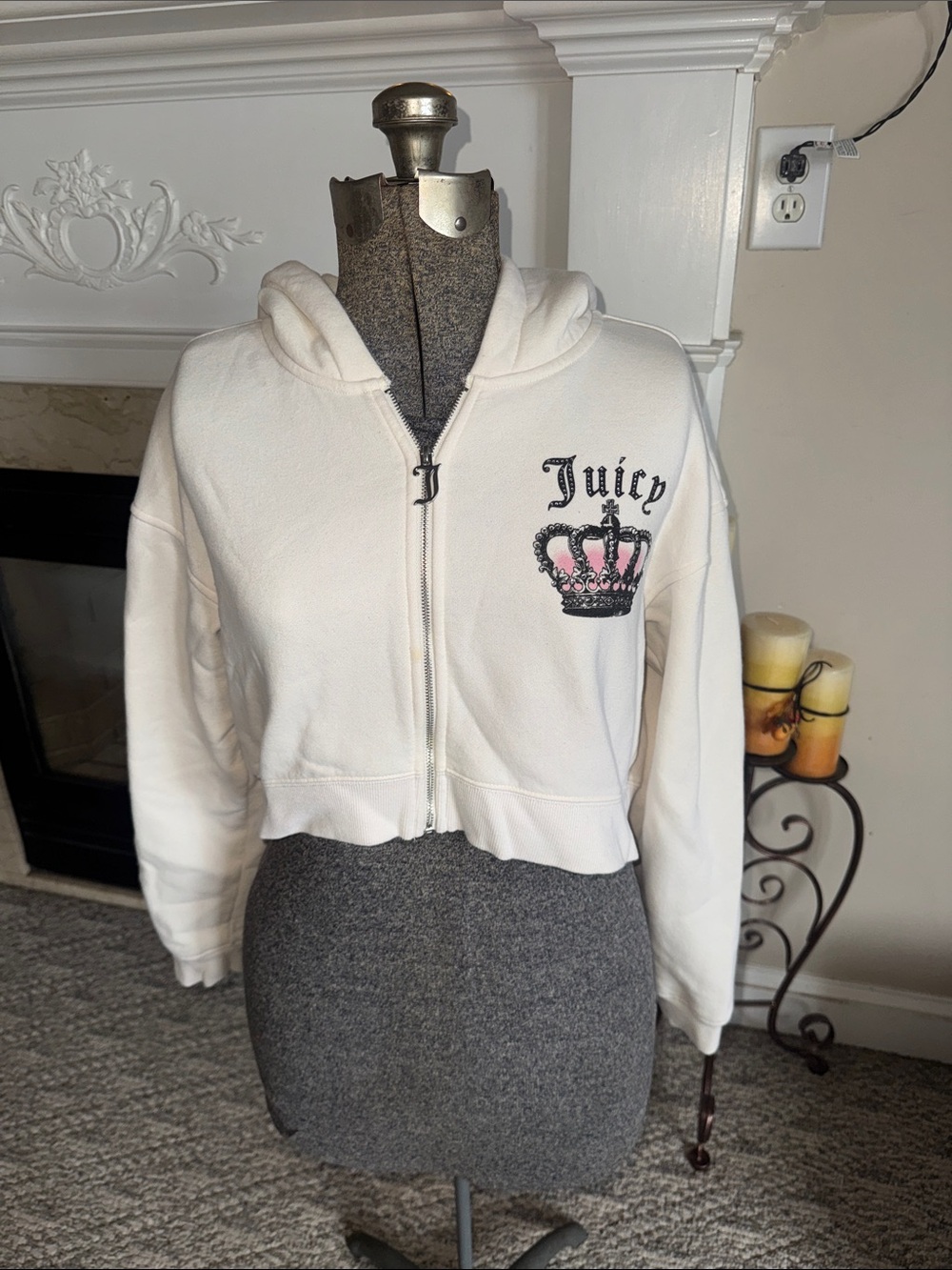 Juicy Couture White Cropped Zip Hoodie with Crown Embroidery